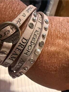 Wrap leather Bracelet with Inspirational Text and Studs - Light Taupe